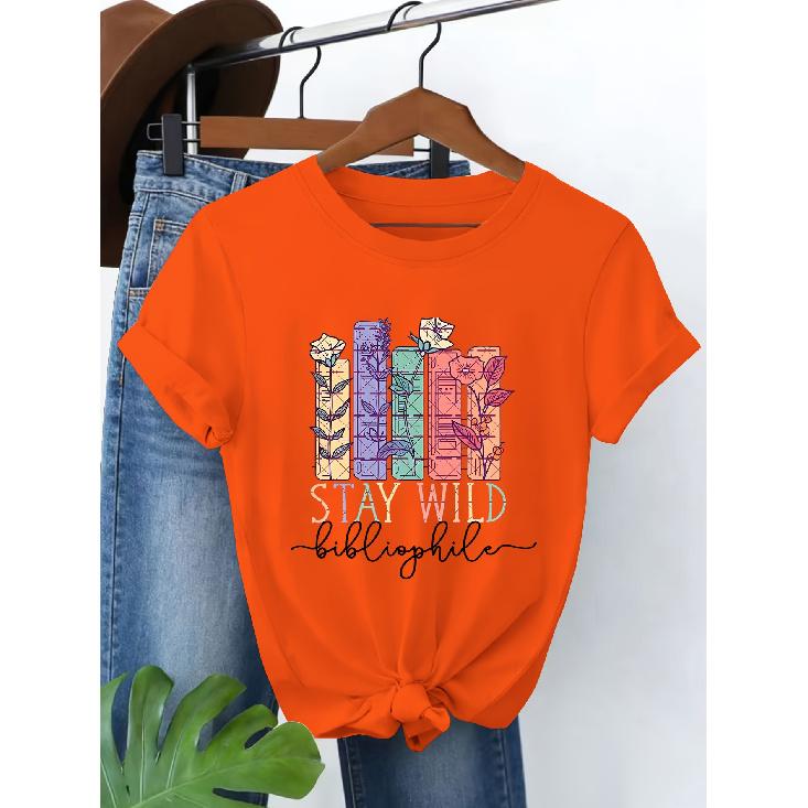 Simple, cute, and elegant women s clothing Wildflower Book Spine Book Lover Print Casual everyday fashion with a vintage touch Spring and summer S оранжевый