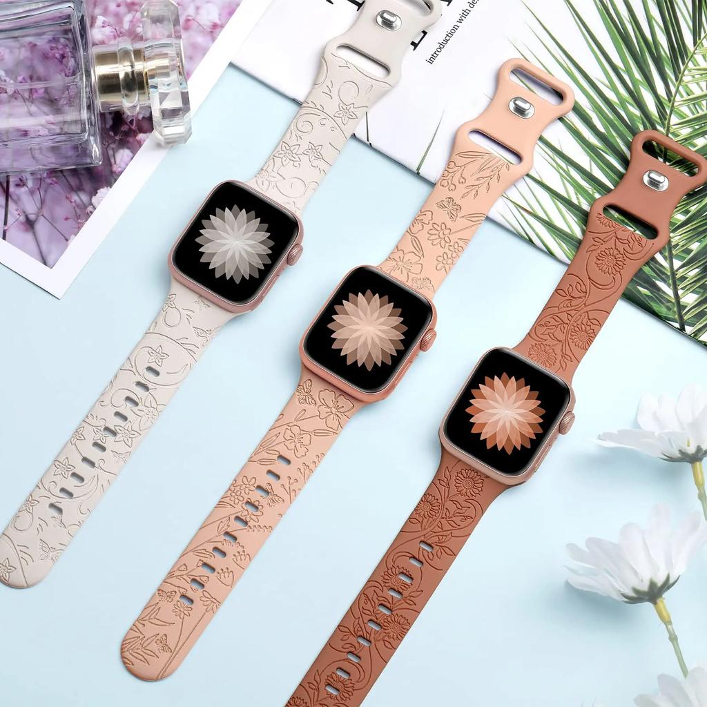 Floral Engraved Strap For Apple Watch Band 40mm 44mm 41mm 49mm 45mm 38mm 42mm Silicone Bracelet Iwatch Series 9 7 Se 6 8 Ultra 2