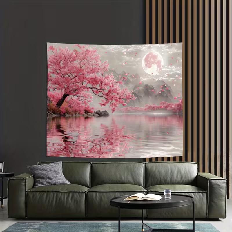 Pink Cherry Blossom Scenery Backdrop Japanese Style Lake Sakura Background for Wedding Photoshoot