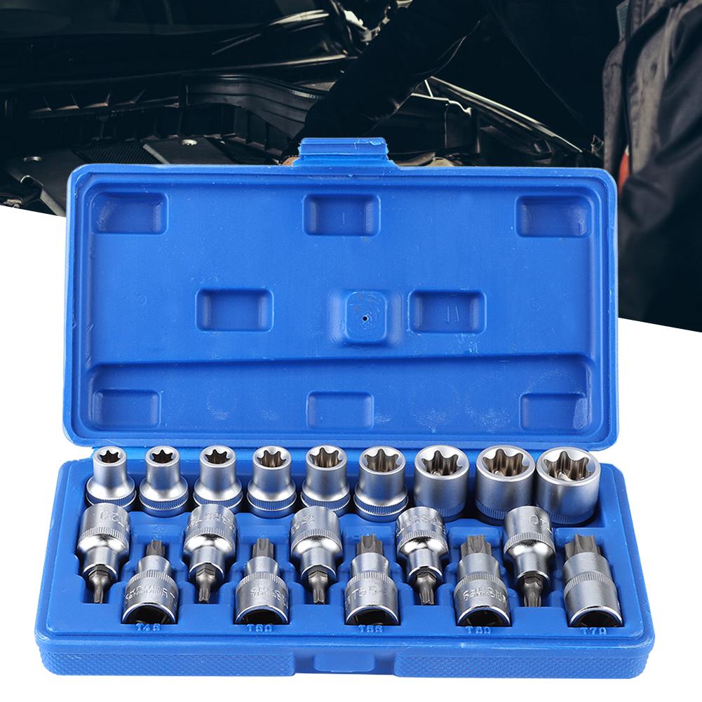 19Pcs Set 1 2in Drive Star Hex Socket Bit Kit E Type Male Female Car Repairing Tool