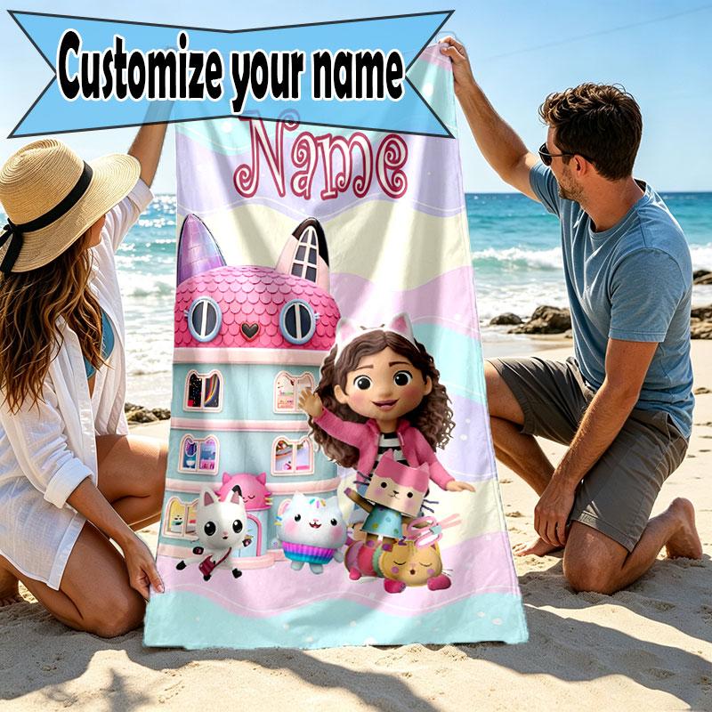 Custom Name Personalized Gabby's Dollhouse Print Beach Towel, for Trip Camping Beach Party Home Decor, Birthday Gift for Family & Friends