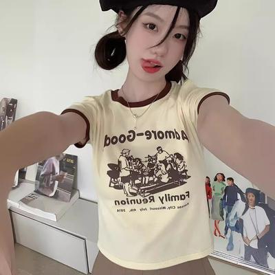 Sweet and Spicy Letter Print T-shirt Women's Summer Slim and Thin Short Contrasting Color Round Neck Short-sleeved Student Top