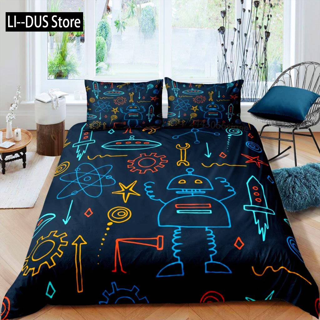 Robot Duvet Cover Set Kids Boys Watercolor Robot Bedding Set Modern Cartoon Super Robot Pattern King Size 2/3pcs Bedding Set