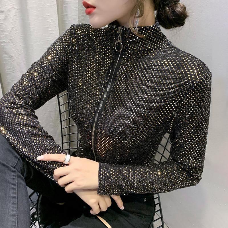Fashion Glitter Sequined Short Jacket Women Slim Sexy Long Sleeve Zipper Coat Spring Autumn