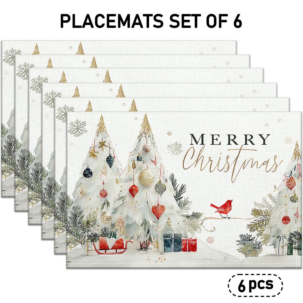 Of 4/6 Christmas-Themed Placemats Featuring Designs of Christmas Trees And Colorful Ornaments, Along with Elements Like Sleds, Gift Boxes, And Cardina