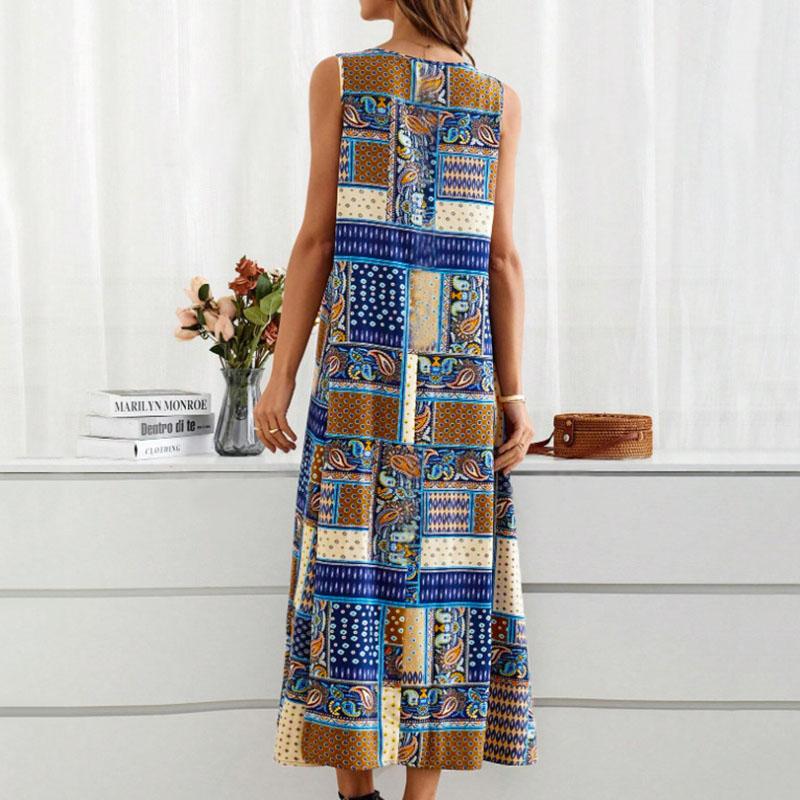 Women Summer Sleeveless O Neck Retro Printed Loose One Piece Dress