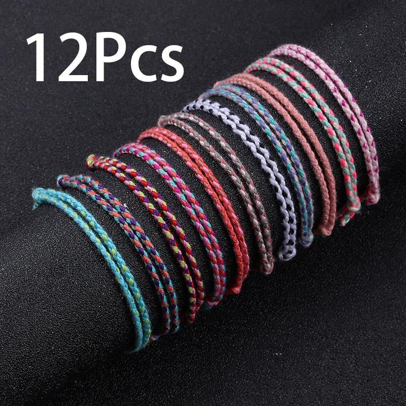 12 Stück/Set Bunte Baumwollschnur handgewebtes wasserdichtes Schnurarmband Sommer Surf Strand verstellbare böhmische Schnur