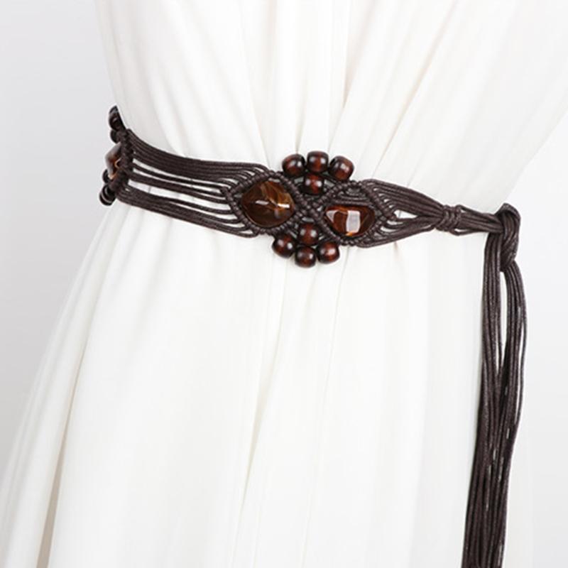 DIY Bohemian Wooden Bead Waist Rope Braided Tassels Belt Ethnic Style Belts