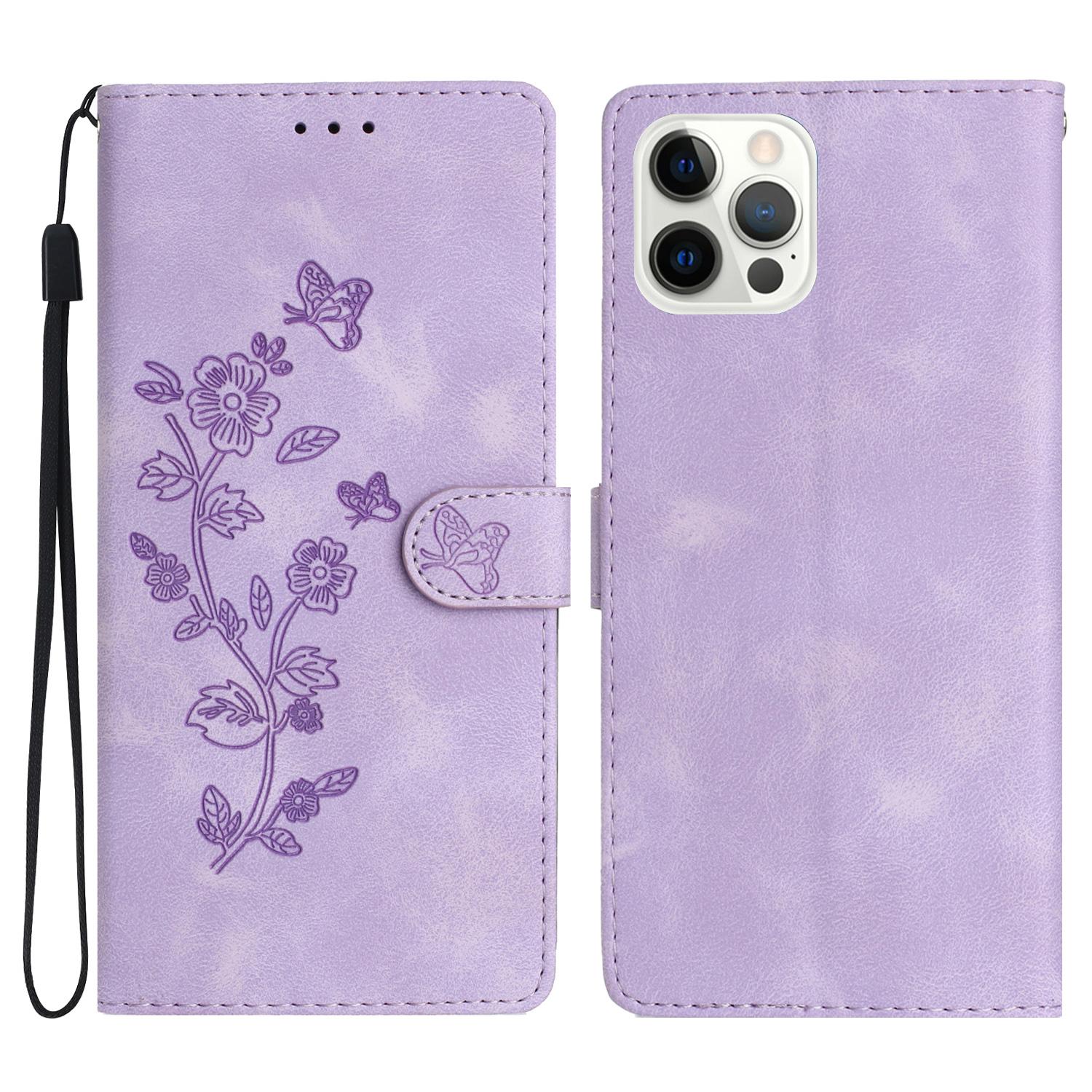 

For iPhone 16 Pro Case PU Leather Imprinted Flower Wrist Strap Purse Pocket Cover Purple
