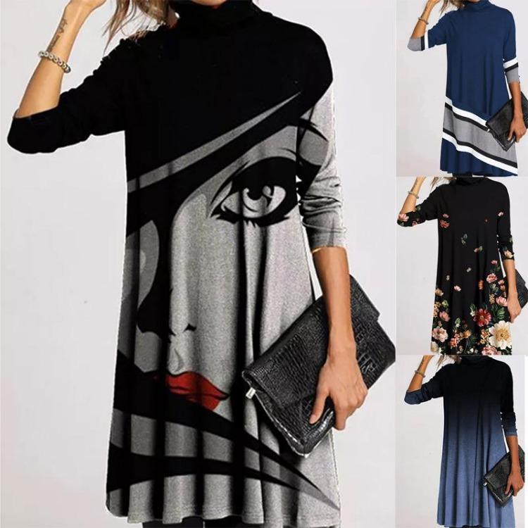 Vintage Women Turtleneck Dress Winter Elegant Loose Casual Long Sleeves Warm Patchwork Print Female Vestidos