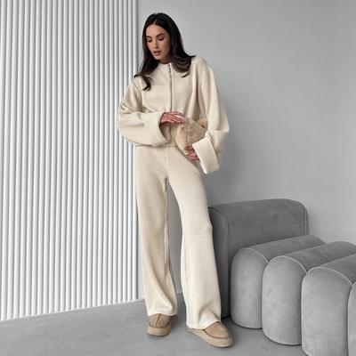 Women Knit Long Sleeve Zip Jacket Wide Leg Pants Casual Two Piece Set