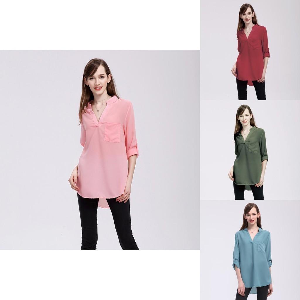 Blusas de Chiffon Estilosas Para Mulheres Camisas de Corte Amplo com Decote em V e Mangas Longas Perfeitas Para o Escritório e Uso Casual na Primavera