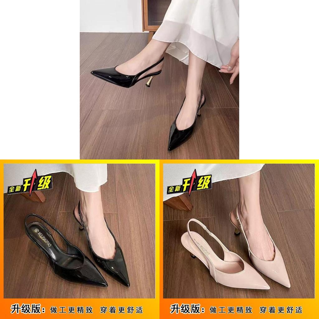French Stylish Sexy Cat Heel Sandals With Patent Synthetic Leather For Summer Casual Wear
