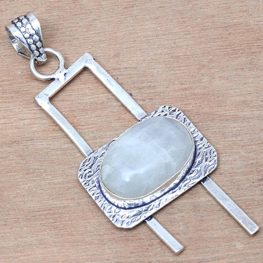 Pendant Moonstone Cabochon Gemstone Handmade Antique Silver Jewelry 2.75"