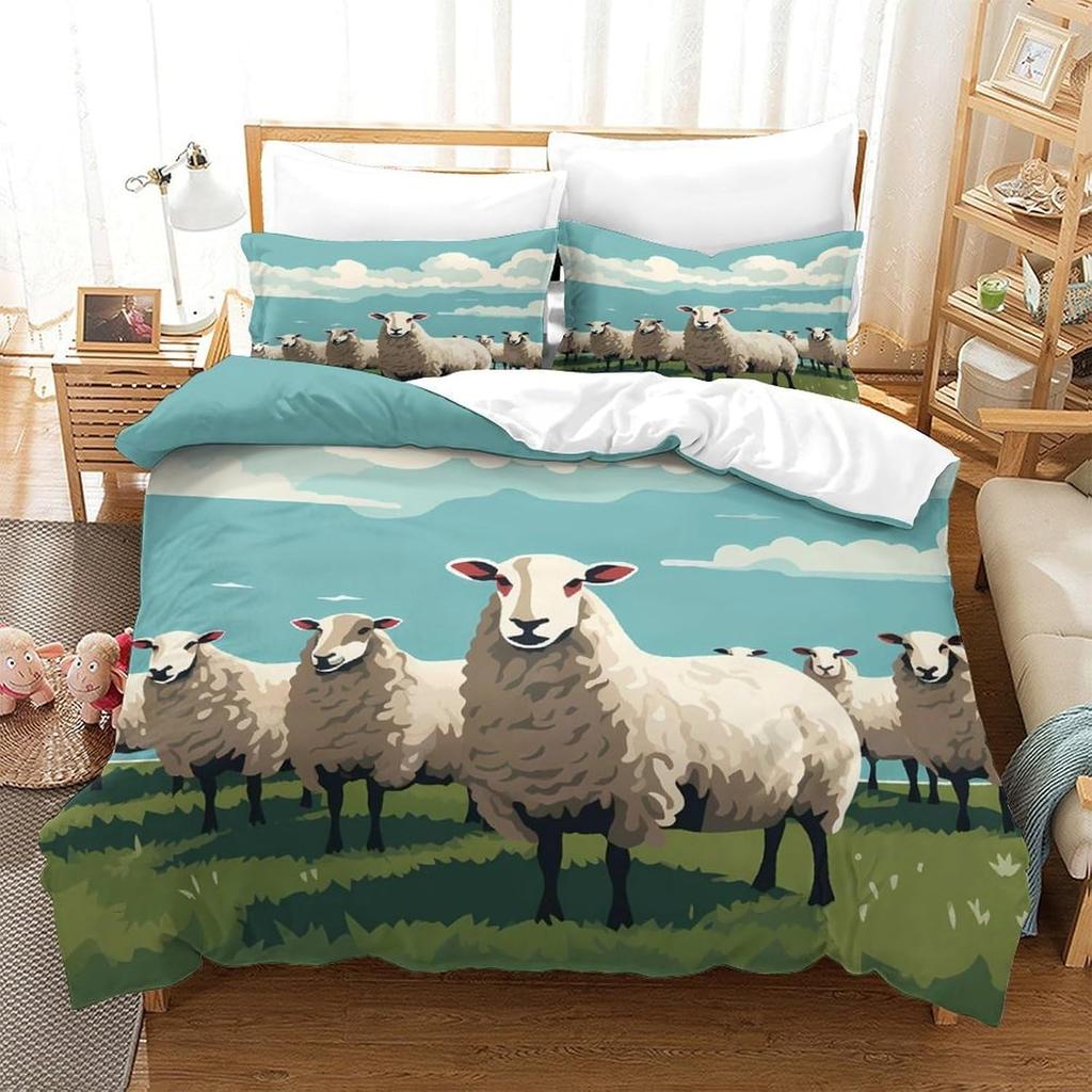 3D Print Soft Microfibre Cute Sheep Family Comforter Cover All Season Bedding Set With Pillowcases, Cartoon Duvet Cover Sets