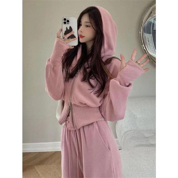 

2024 Осень Женский Корейский Повседневный Двойной Костюм: Свитер на молнии и широкие брюки L