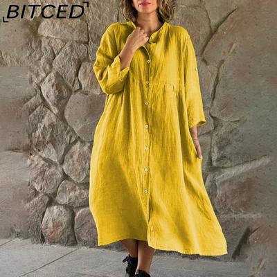 Damenkleid aus Baumwolle und Leinen, einfarbig, lässig, mit Stehkragen, Knopfleiste, langes Kleid