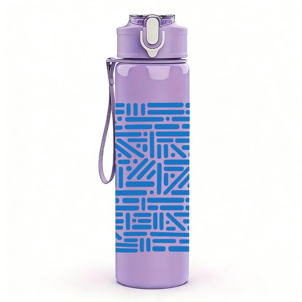 1PC Blue Geometric Line Maze Pattern 750ml Color Plastic Sports Water Bottle Leakproof Flip Straw Lid Suitable for Sports Office Home Use