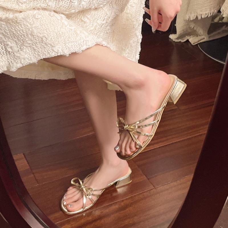 Summer Spring Female Slides Ladies Low Heel Slippers Shoes Fashion Butterfly-Knot Women Heeled Slippers Sandals Shoes