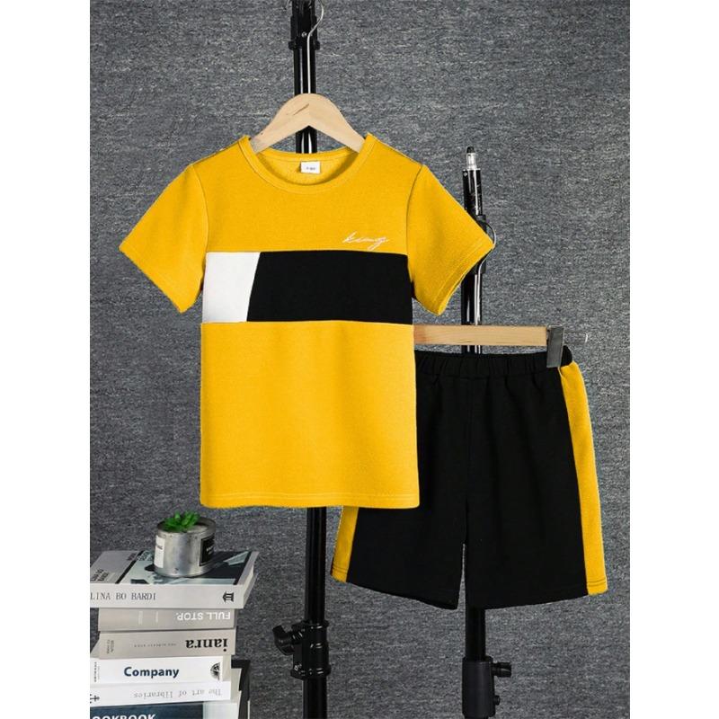 Summer Fashion Trend Youth Casual Wear, Crewneck Short-sleeved T-shirt & Sports Shorts Three-color Patchwork Two-piece Set