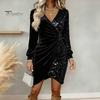 Long Sleeve Velvet Dress Women Sequin Wrap Mini V Fall Neck Ruched Bodycon Glitter Party Cocktail Club Shimmering