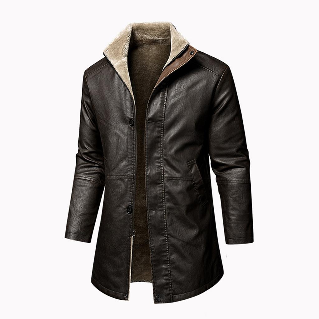 Cappotto da uomo a tinta unita retrò a contrasto di colore velluto ispessito giacca lunga in pelle PU cappotto invecchiato