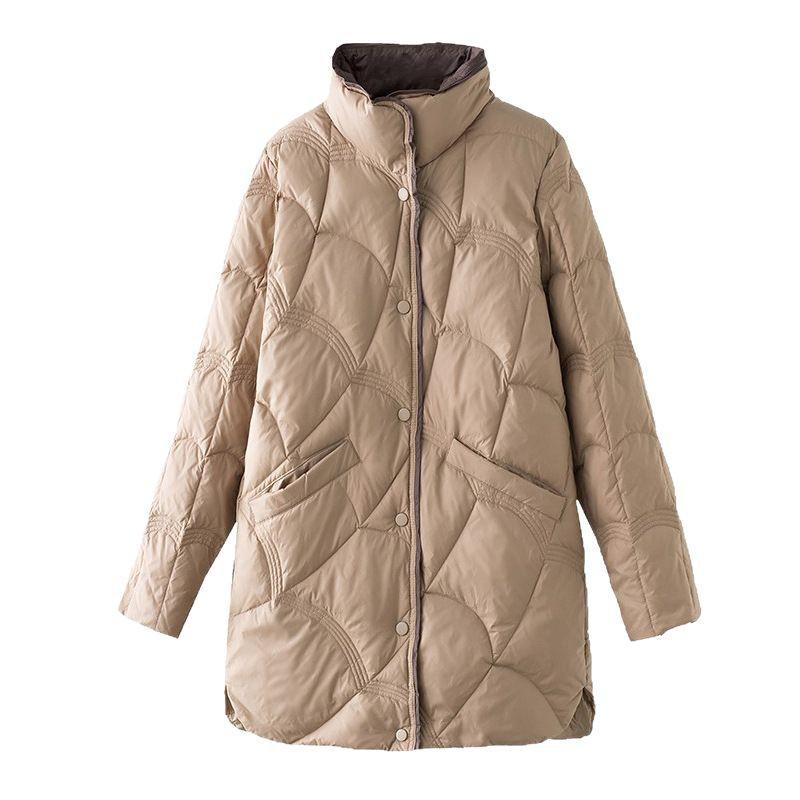 Women's Mid-Length Retro Chic Lightweight Down Jacket - Auspicious Clouds Stand Collar Design