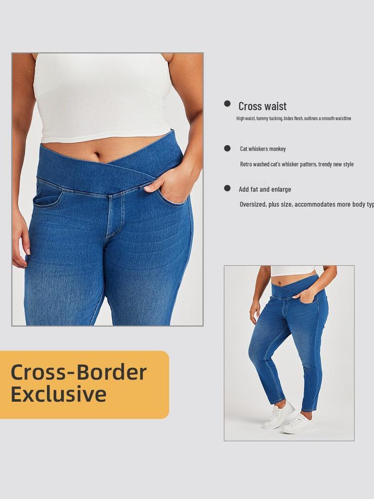 Cross-Waist Plus Size Skinny Jeans with Butt-Lifting Pockets & Monkey Wash
