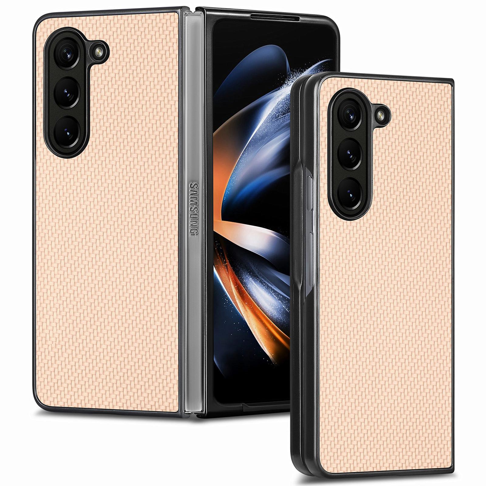 

For Samsung Galaxy Z Fold6 5G Case Carbon Fiber Texture Leather Back Cover Anti-Slip Khaki