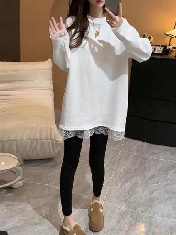 Weißes Damen-Langarmshirt mit Rundhalsausschnitt und Spitzenfutter – Herbst/Winter, figurbetont, mittellang, tragbarer Überwurf