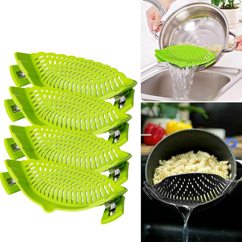 Silicone Clip On Pan Strainer Heat Resistant Food Draining Coliper For Pasta Vegetables & Pot Draining Universal Fit Kitchen Ga