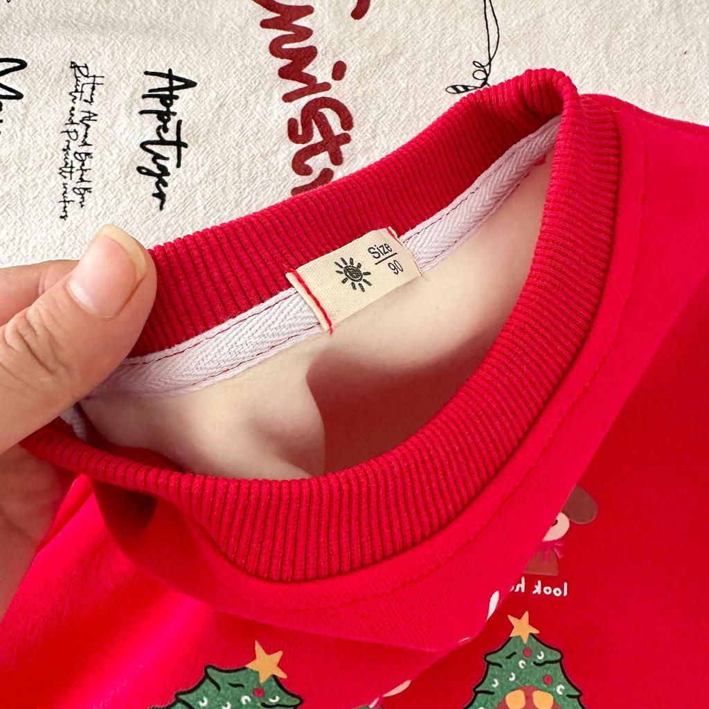 Children's Cartoon Christmas Sweatshirt - Girls' Autumn/Winter Plus Velvet Pullover, Boys' Round Neck Top