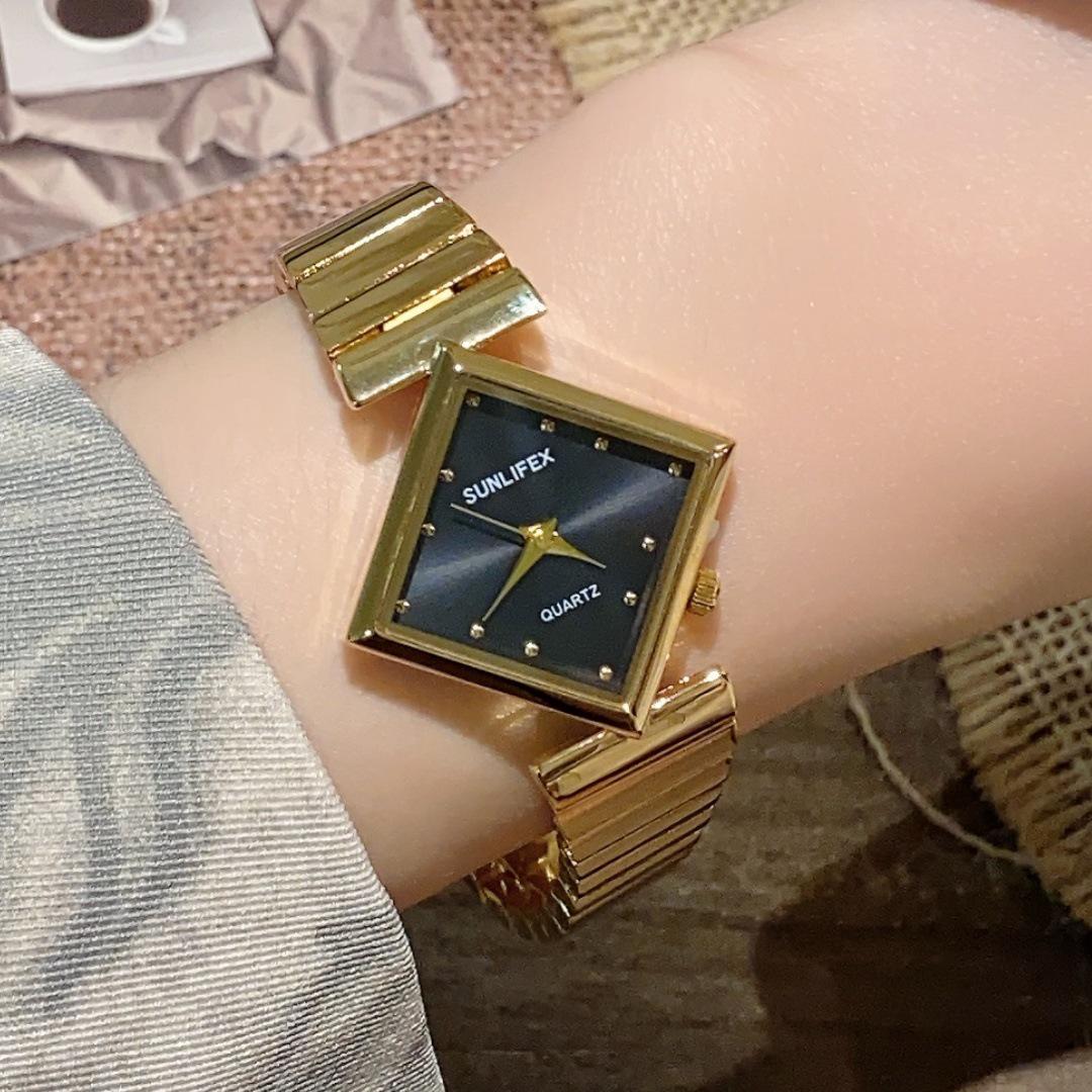 

Женские кварцевые часы SUNLIFEX из нержавеющей стали золотого цвета, с неправильным ромбовидным корпусом и бамбуковым браслетом