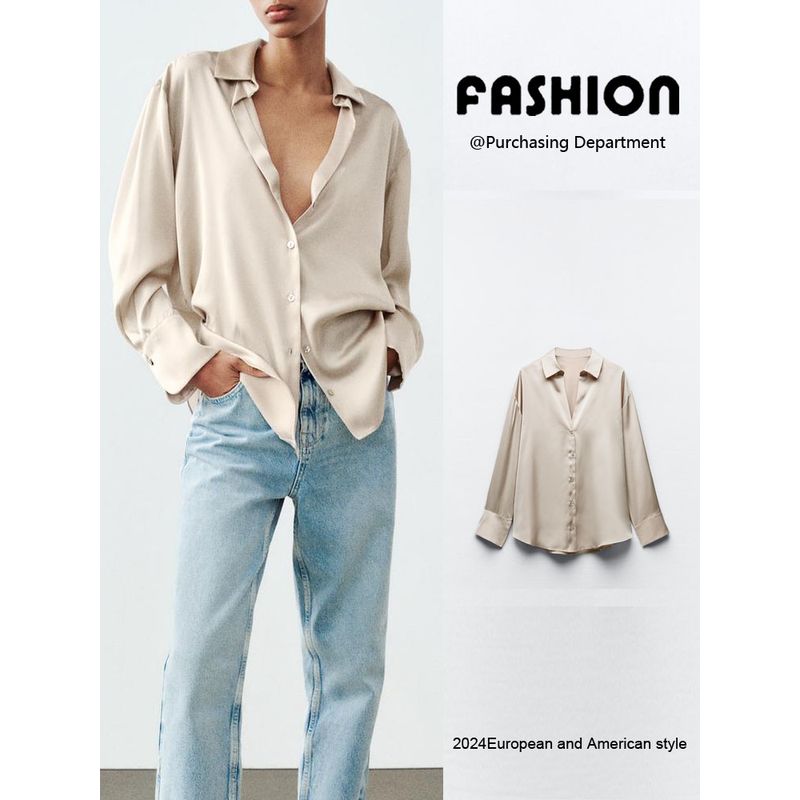 Za2024 Autumn New Women's Clothing Plaid Silk Satin Texture Classic Lapel Long Sleeve Shirt 8958581 250