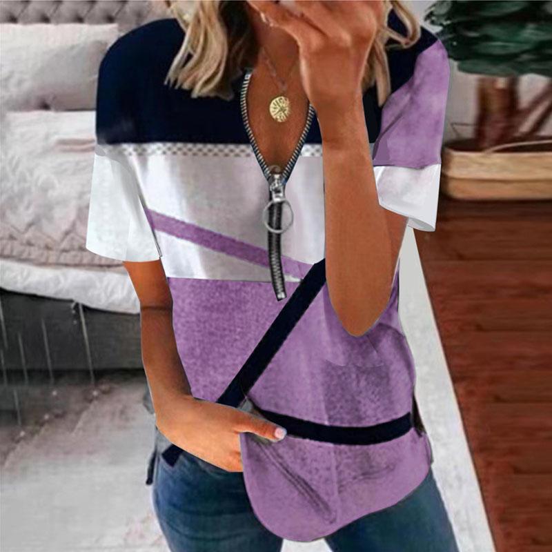 Damer Sommer Casual Trykket Løs Kort Ermet T-skjorte V-hals Glidelåstopp