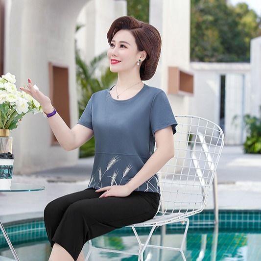 Middle-aged and Elderly Mothers' Summer Short Sleeve T-shirt Cool Large Size Casual Loose Ice Silk Women's Top
