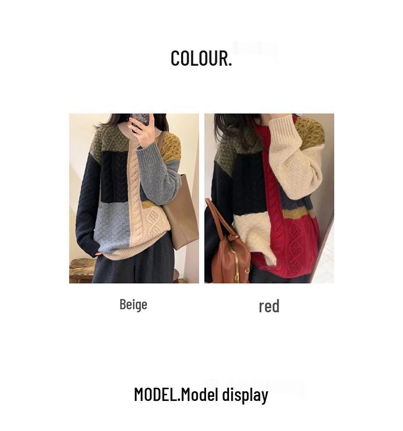 Women's Wool Sweater: Color Block, Korean Style, Round Neck, Long Sleeve Knitwear for Autumn/Winter