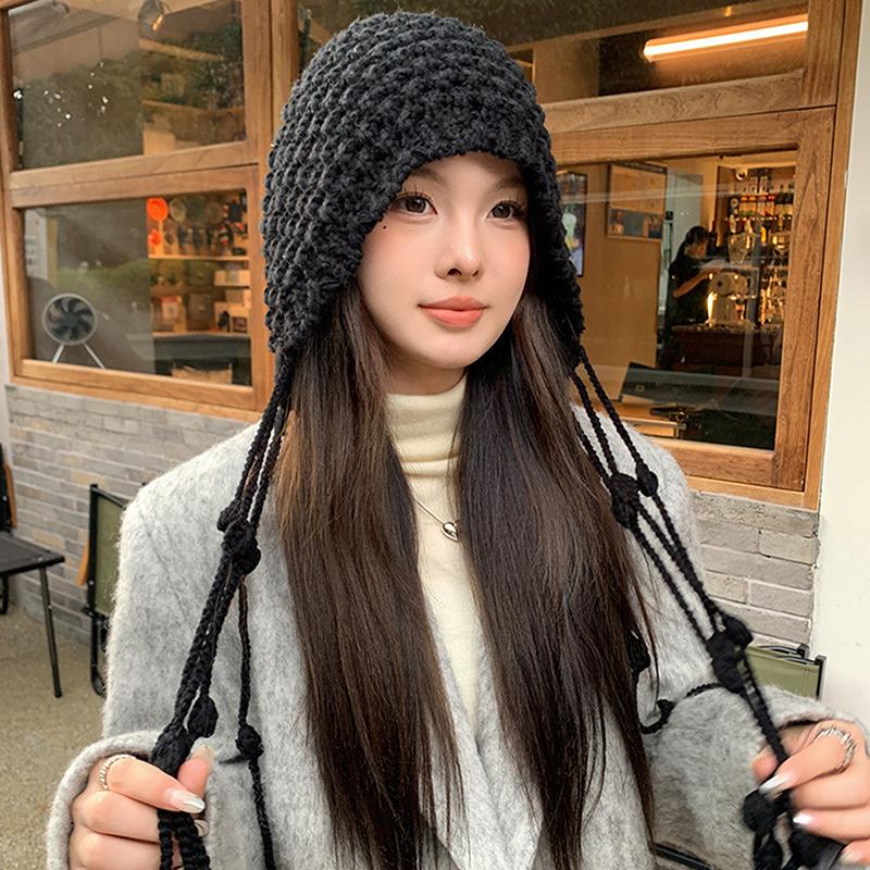 Sweet Handmade Autumn Winter Knitted Beanies Hat Wool Warm Ear Protection Hat Windproof Tassel Pullover Hat