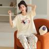 Women's Cartoon Cotton Pajama Set: Short Sleeve & Seven-Point Pants, Outdoor Wearable, Cute Summer Style
