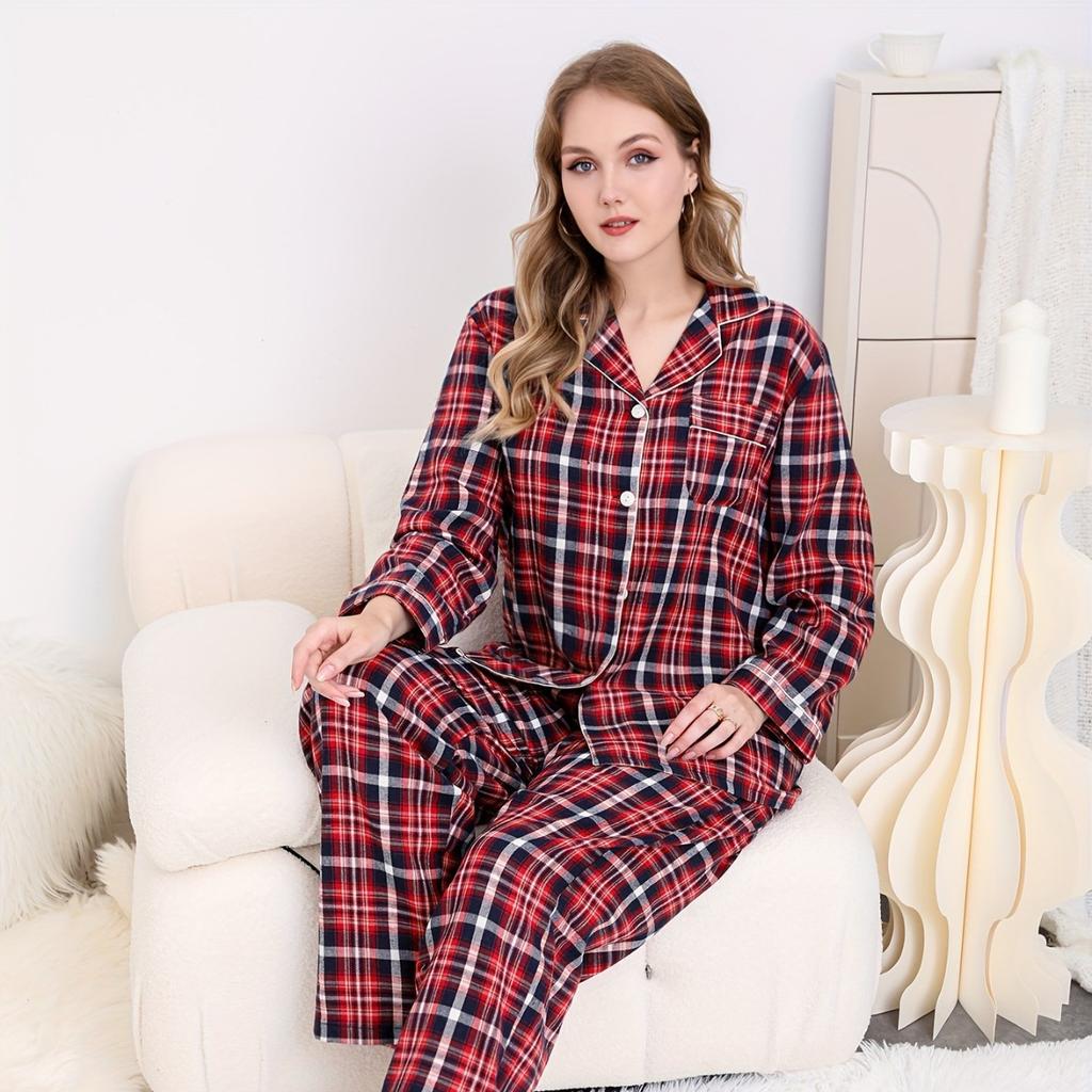Large size women's double long white and red plaid thermal home pajamas set