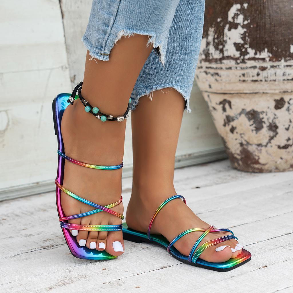 Slippers Women's New Women's Shoes Summer Square Head Colored Cool Slippers Women's One-word Strap Flat Heel Slippers