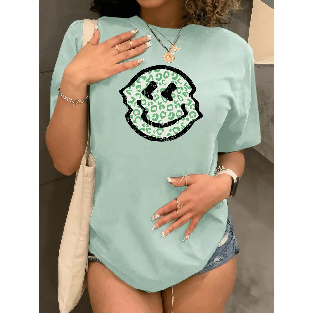 

Женская футболка с круглым вырезом и коротким рукавом с леопардовым принтом и изображением улыбающегося лица XS