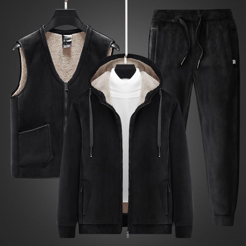 Man's Two-piece Set Winter Plus Size Sports Suit Printed Long Sleeve Hooded Cardigan + Thickened Pants Two-piece Set Comes with A Warm Vest
