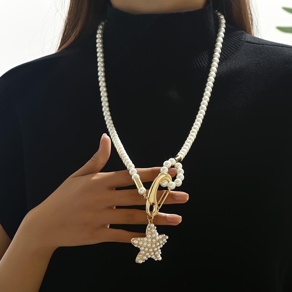 1pc Faux Pearl Bead Chain Star Pendant Long Necklace, Baroque Style Sweater Chain For Women, New Year And Valentine's Day Gifts For Daily Wear