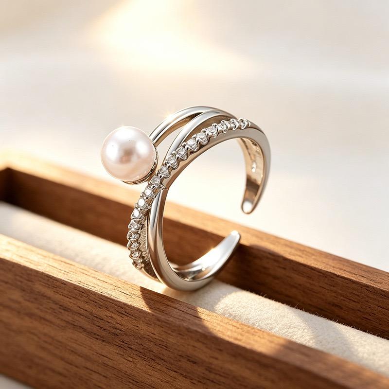 BF CLUB 925 Sterling Rings for Women Simple Geometric Handmade Irregular Pearl Zircon Ring Allergy For Birthday Gift