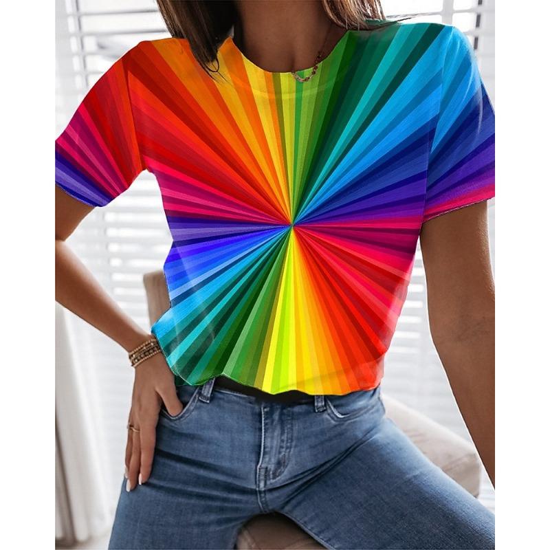 Women's T Shirt Basic Color Block Print Short Sleeve Regular Tops Round Neck Daily Weekend Yellow Red Blue Green Rainbow
