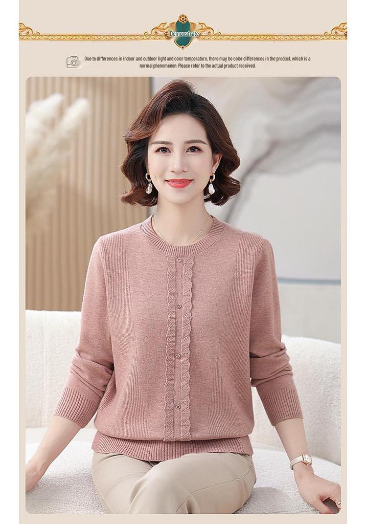 2024 Women's Autumn Knit Sweater – Versatile Round Neck Base Layer for Middle-Aged & Elderly