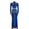 European & American Fashion Mesh Hot Drilling See-through Long Sleeve Long Dress Two-piece Set for Women