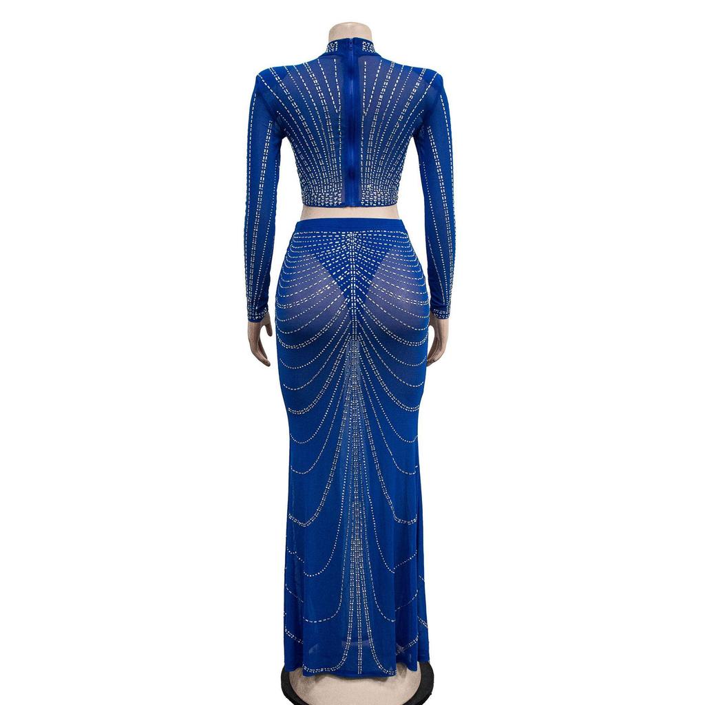 European & American Fashion Mesh Hot Drilling See-through Long Sleeve Long Dress Two-piece Set for Women