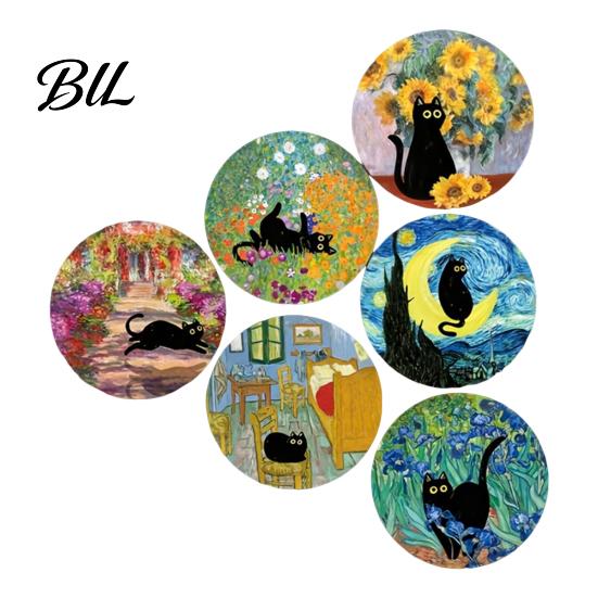 Cat-themed Home Decor Coaster 6 Pcs Art And Black Cat Wooden Coasters Cute Drink Round Unique Painting Set Cup Mat for Table Protection Housewarming 6pcs